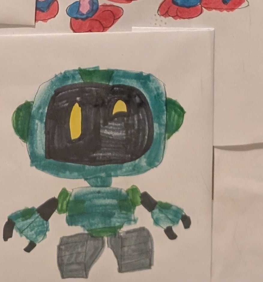 Weston's original drawing of Teal Block Robot